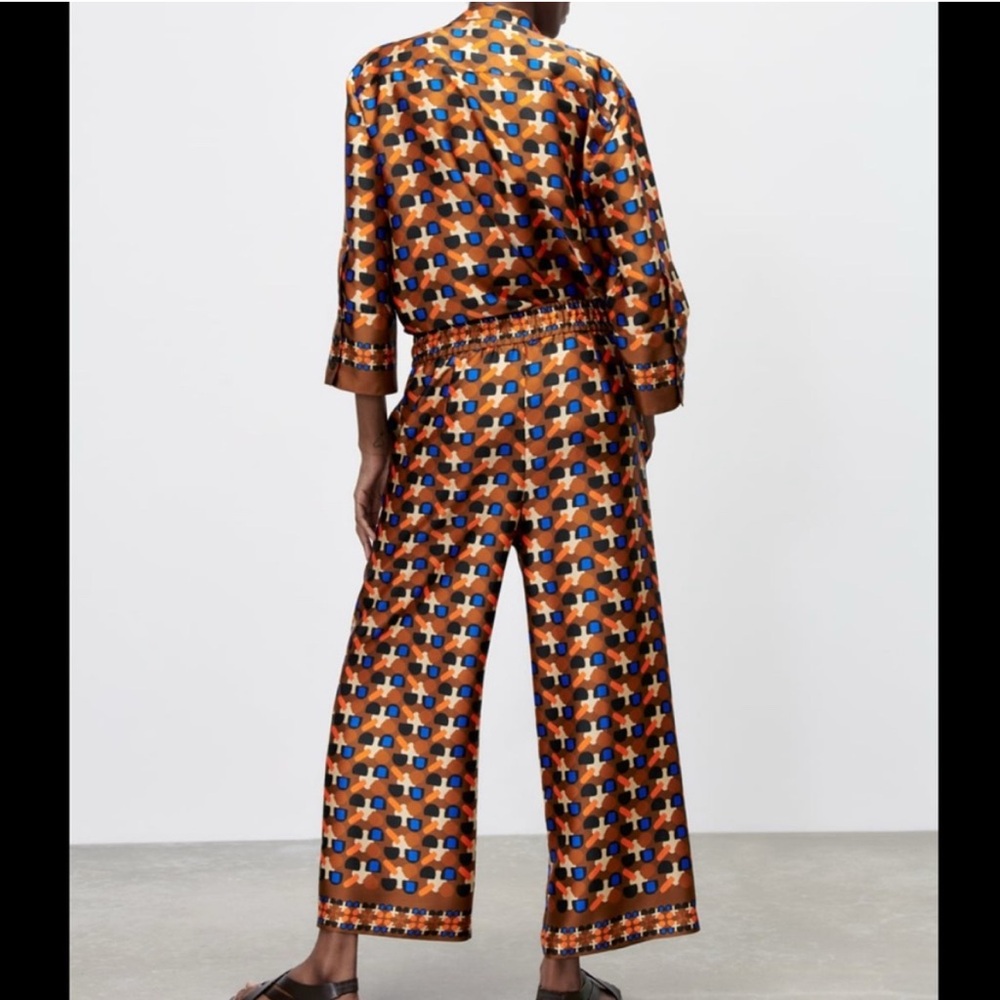 Zara Brown/Orange Geometric Wide Leg Pants Size Medium - Picture 2 of 13